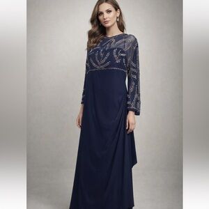 Betsy & Adam Navy Beaded Long-Sleeve Evening Gown